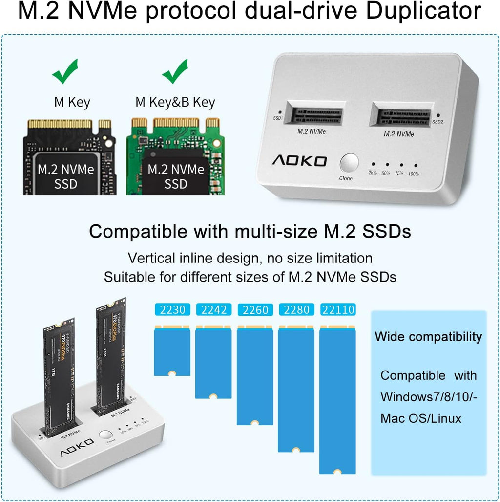 NVMe Dual-Bay Docking Station Clone Duplicator, USB C 3.2 Vertical External M.2 NVMe SSD Enclosure F6967