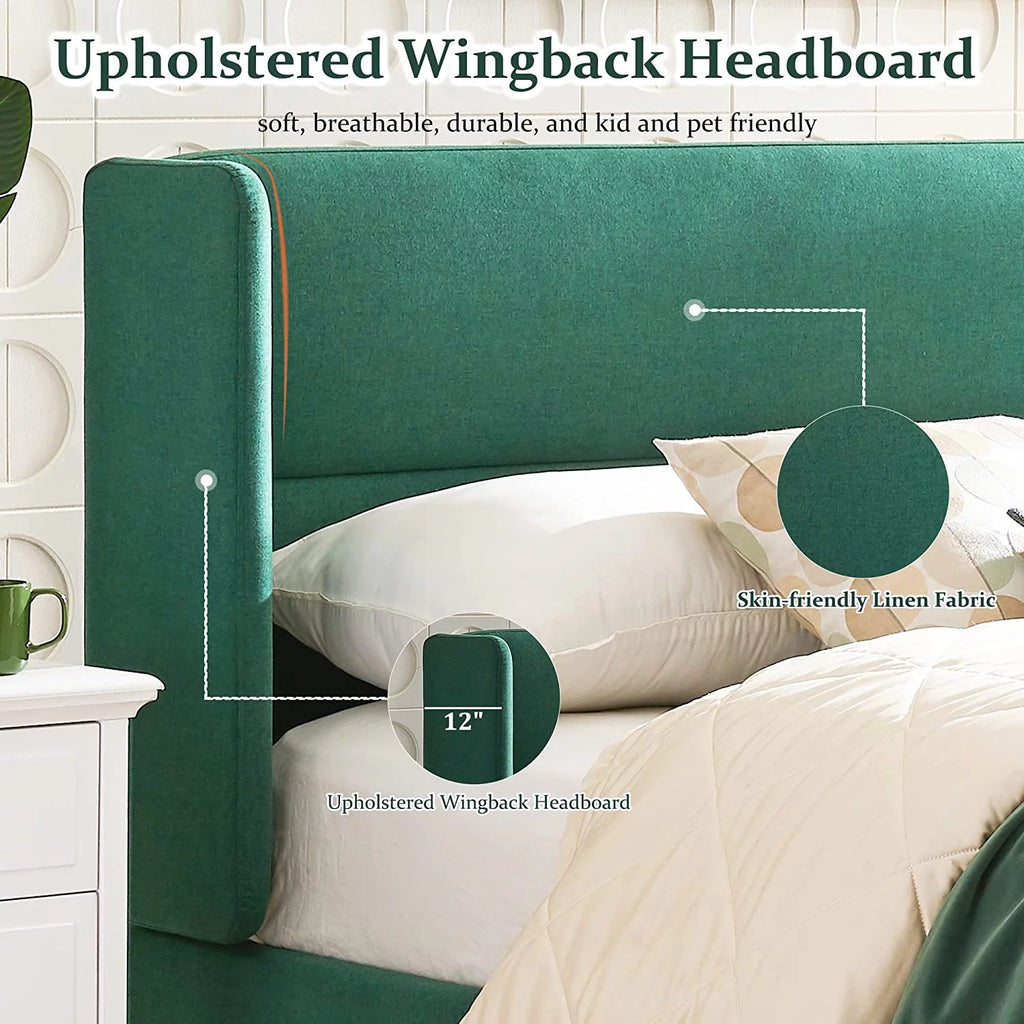 Queen Size Green Linen Upholstered Storage Bed Q642730