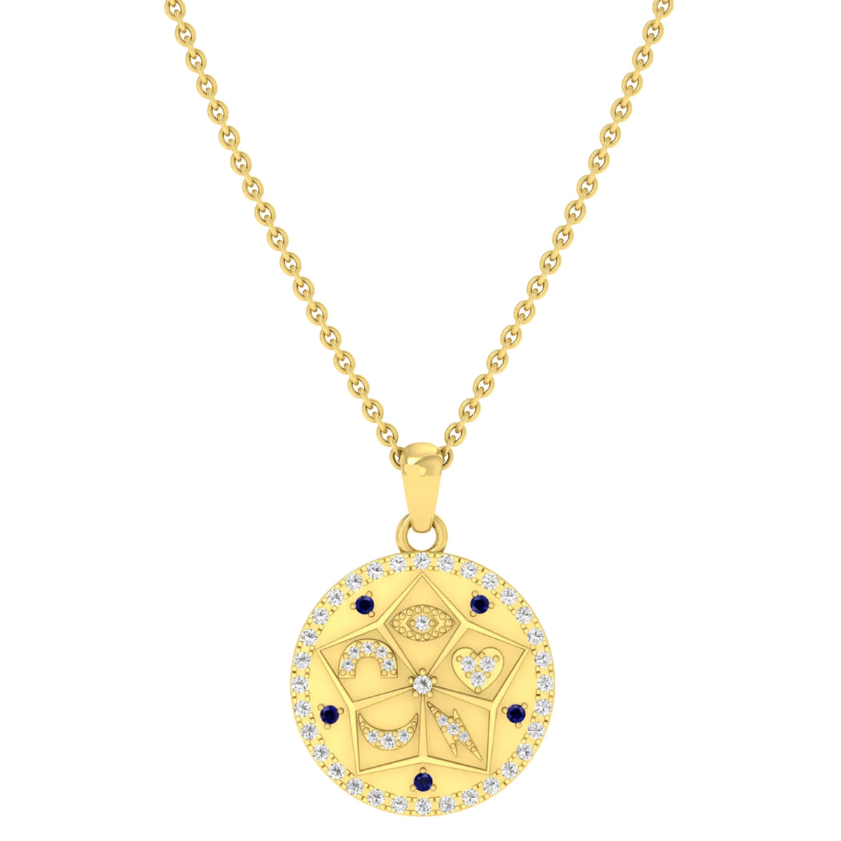 Round Blue Sapphire & White Diamond Chain Pendant Necklace in Yellow Gold Plated 925 Sterling Silver P3601