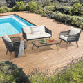 Cream White Acacia Wood Patio Rope Sofa Set with Coffee Table R4892