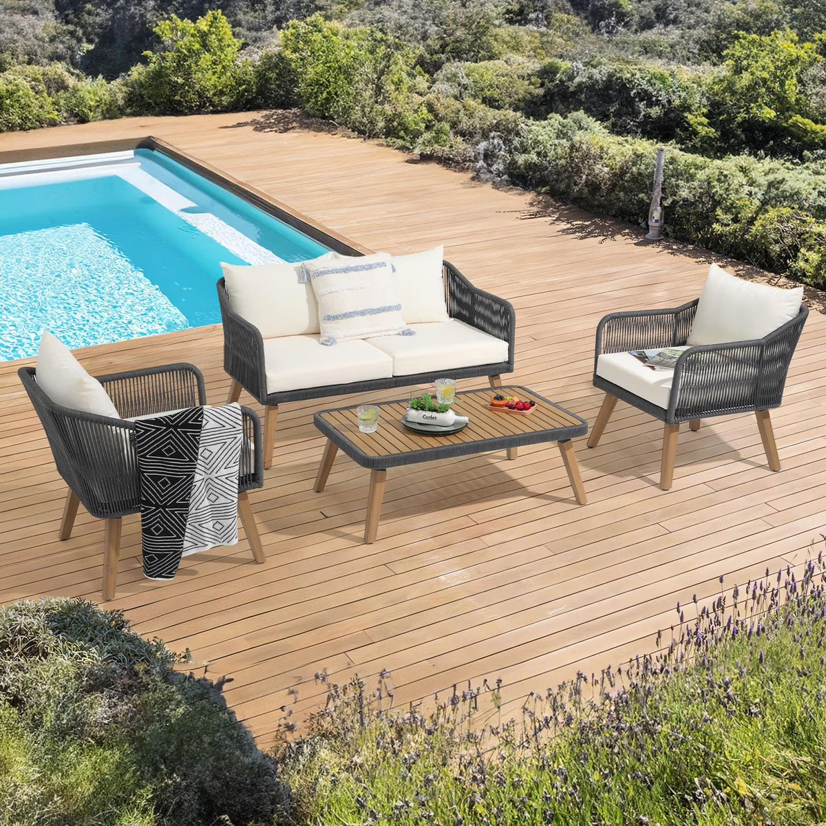 Cream White Acacia Wood Patio Rope Sofa Set with Coffee Table R4892