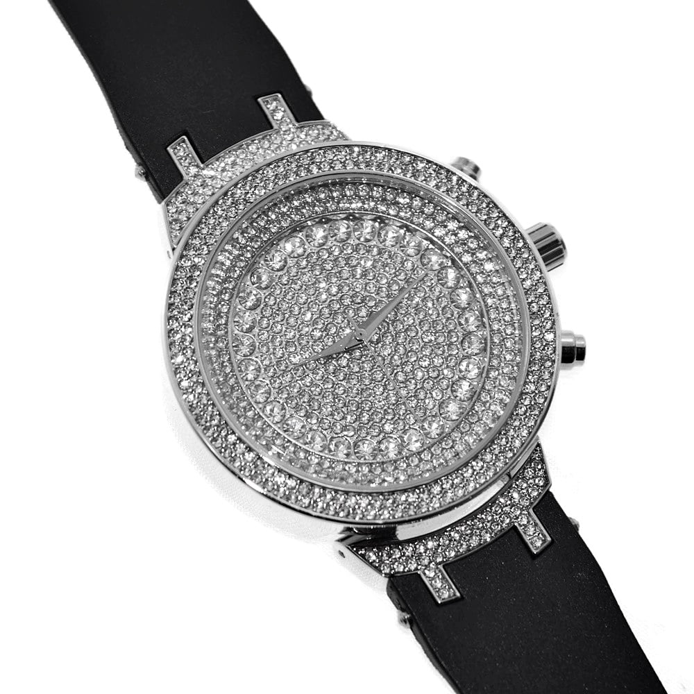Silver Tone Hip Hop Watch with Black Band P14493
