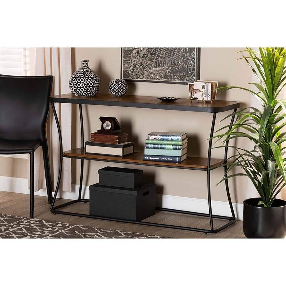 Rustic Industrial Walnut Brown Wood and Black Metal Console Table G9056