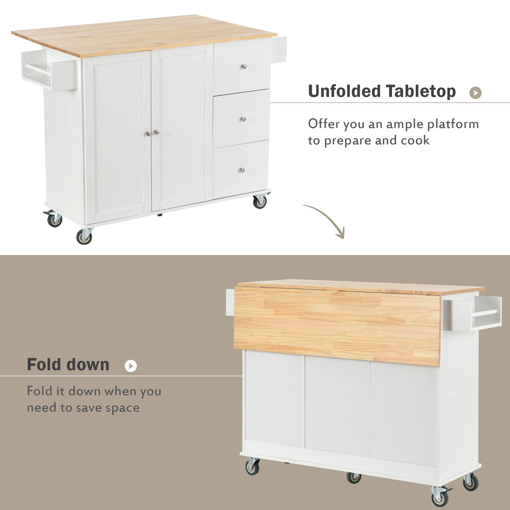 White Dining Island Cart with 2 Lockable Wheels and Drop-Leaf Tabletop X1260