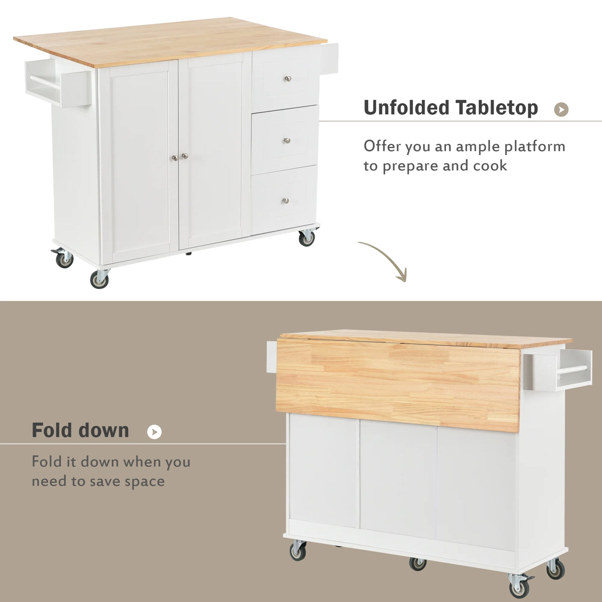 White Dining Island Cart with 2 Lockable Wheels and Drop-Leaf Tabletop X1260