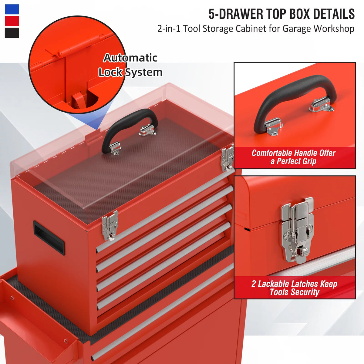Red 5 Drawer Tool Storage Cabinet with Wheels and Lock E8591