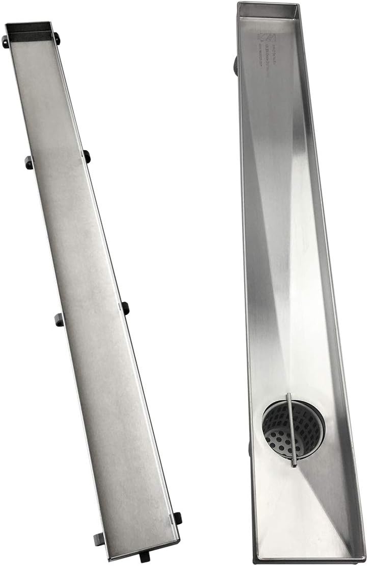 36-Inch Offset Linear Shower Drain with Tile Insert Grate Cover, Brushed 304 Stainless Steel Rectangle Side Outlet Shower Floor Drain Y83697