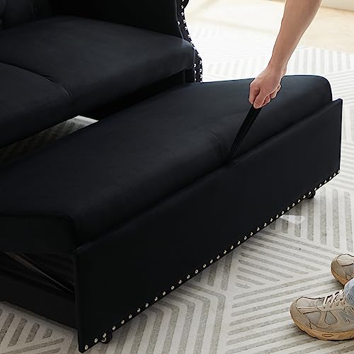 Black Velvet Convertible Sofa Bed with 2 Lumbar Pillows I464