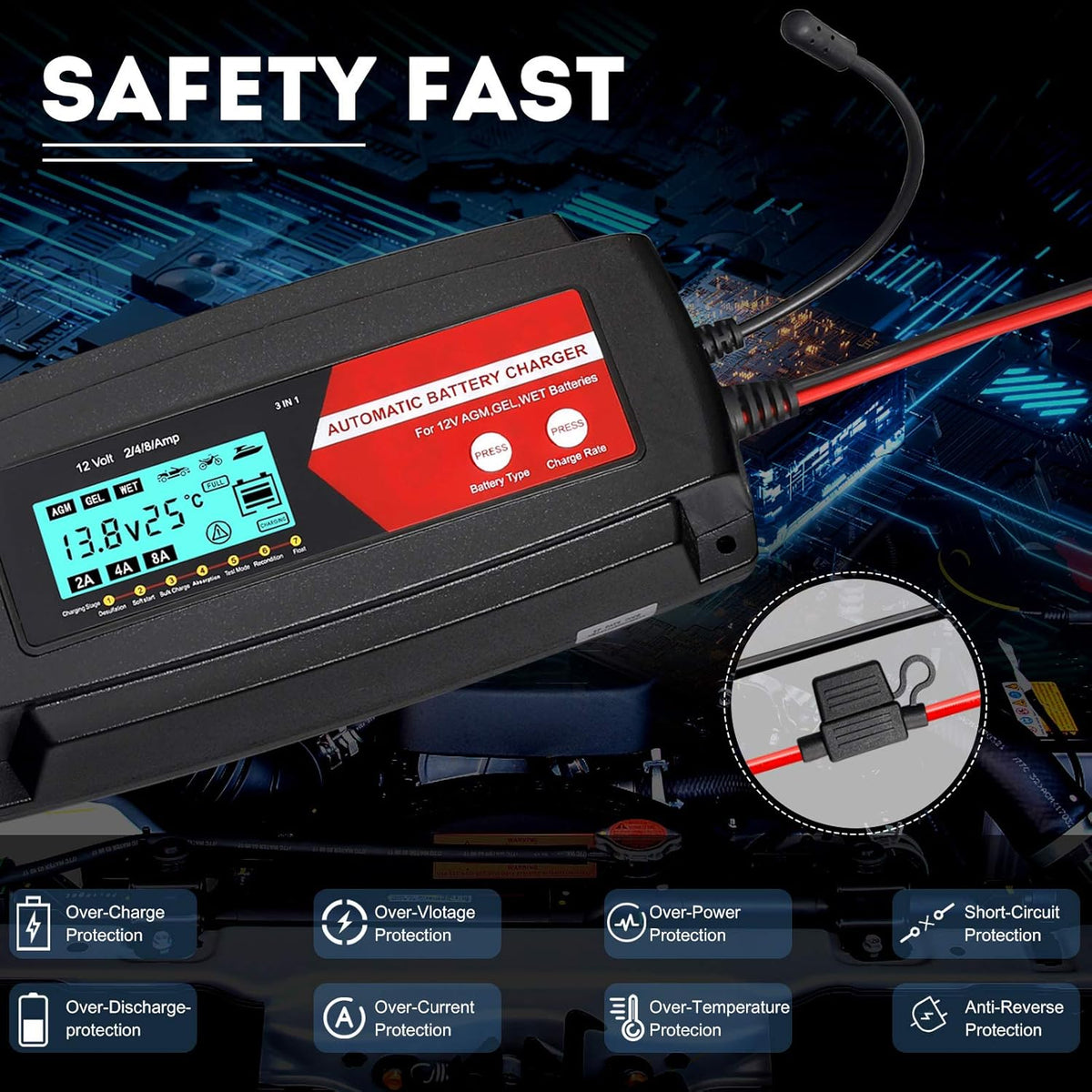 Fully Automatic 3 in 1 Car Battery Charger 12V 2/4/8 Amp with LCD Display K910