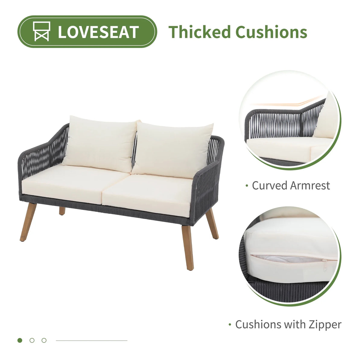 Cream White Acacia Wood Patio Rope Sofa Set with Coffee Table R4892