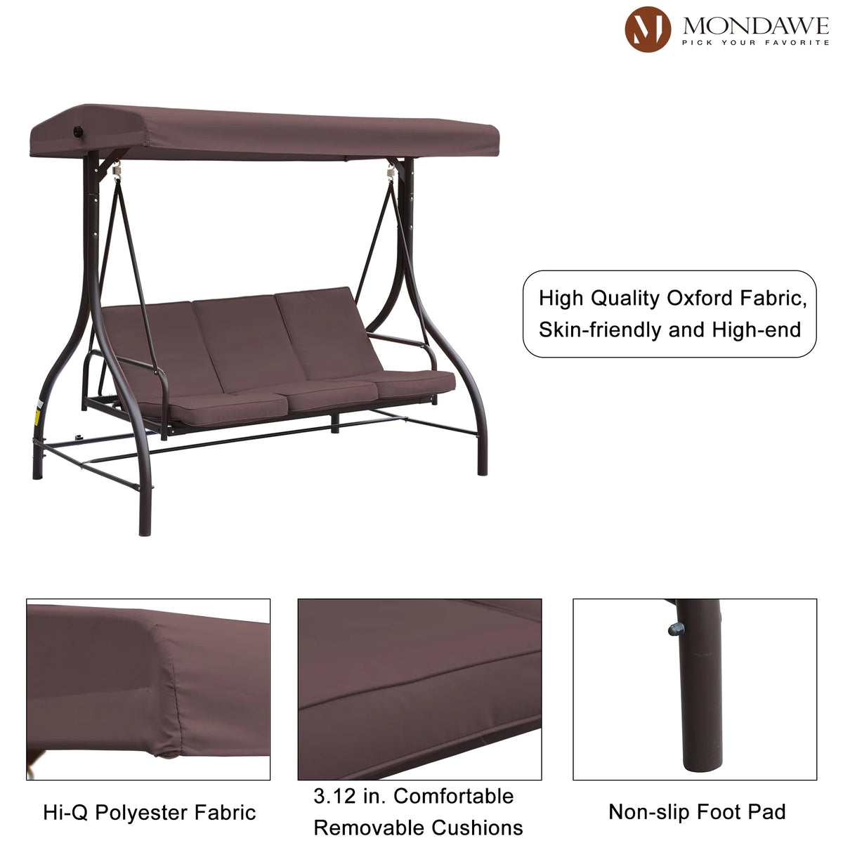 Outdoor Patio Swing Chair with Canopy and Removable Cushion, 3 Seater Q308644
