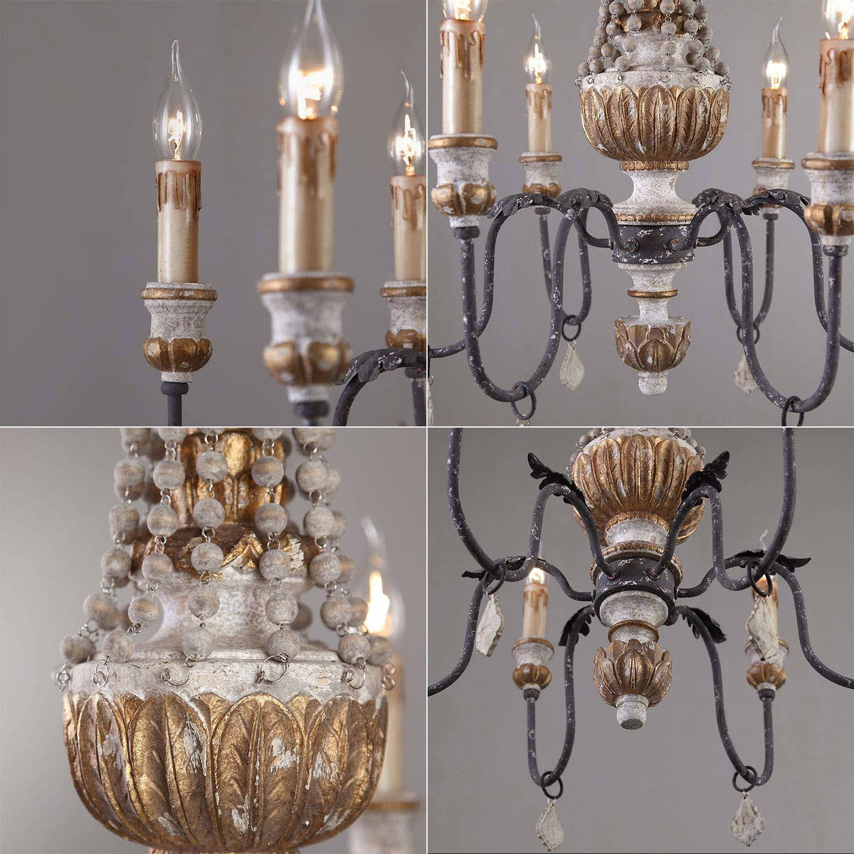 Retro Rustic 6-Light Wood Metal Crystal Chandelier T202659