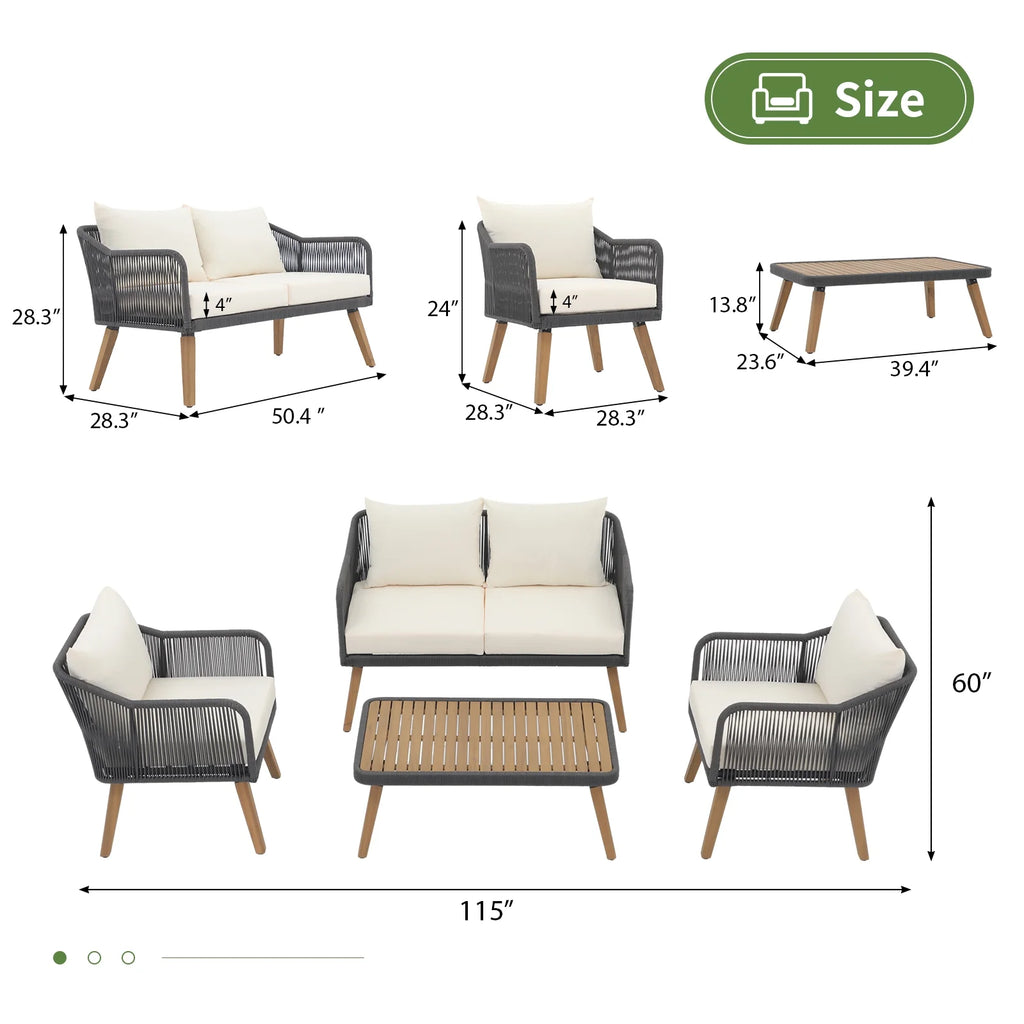 Cream White Acacia Wood Patio Rope Sofa Set with Coffee Table R4892
