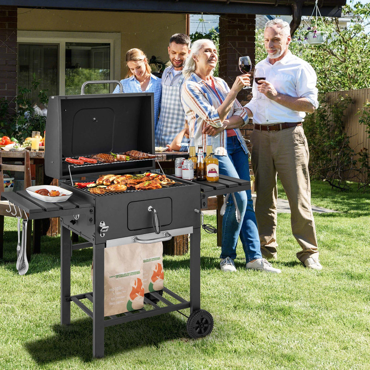 Outdoor Charcoal Grill with 2 Foldable Side Table T93905