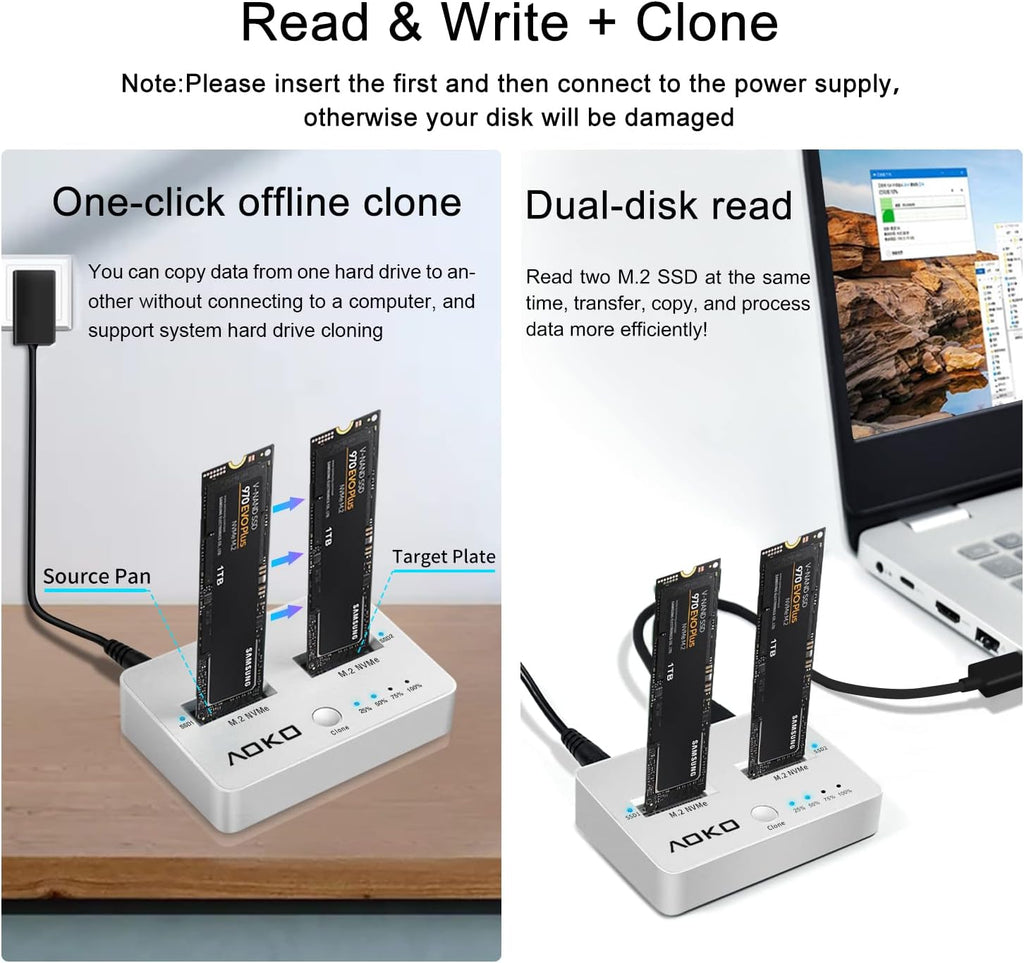 NVMe Dual-Bay Docking Station Clone Duplicator, USB C 3.2 Vertical External M.2 NVMe SSD Enclosure F6967