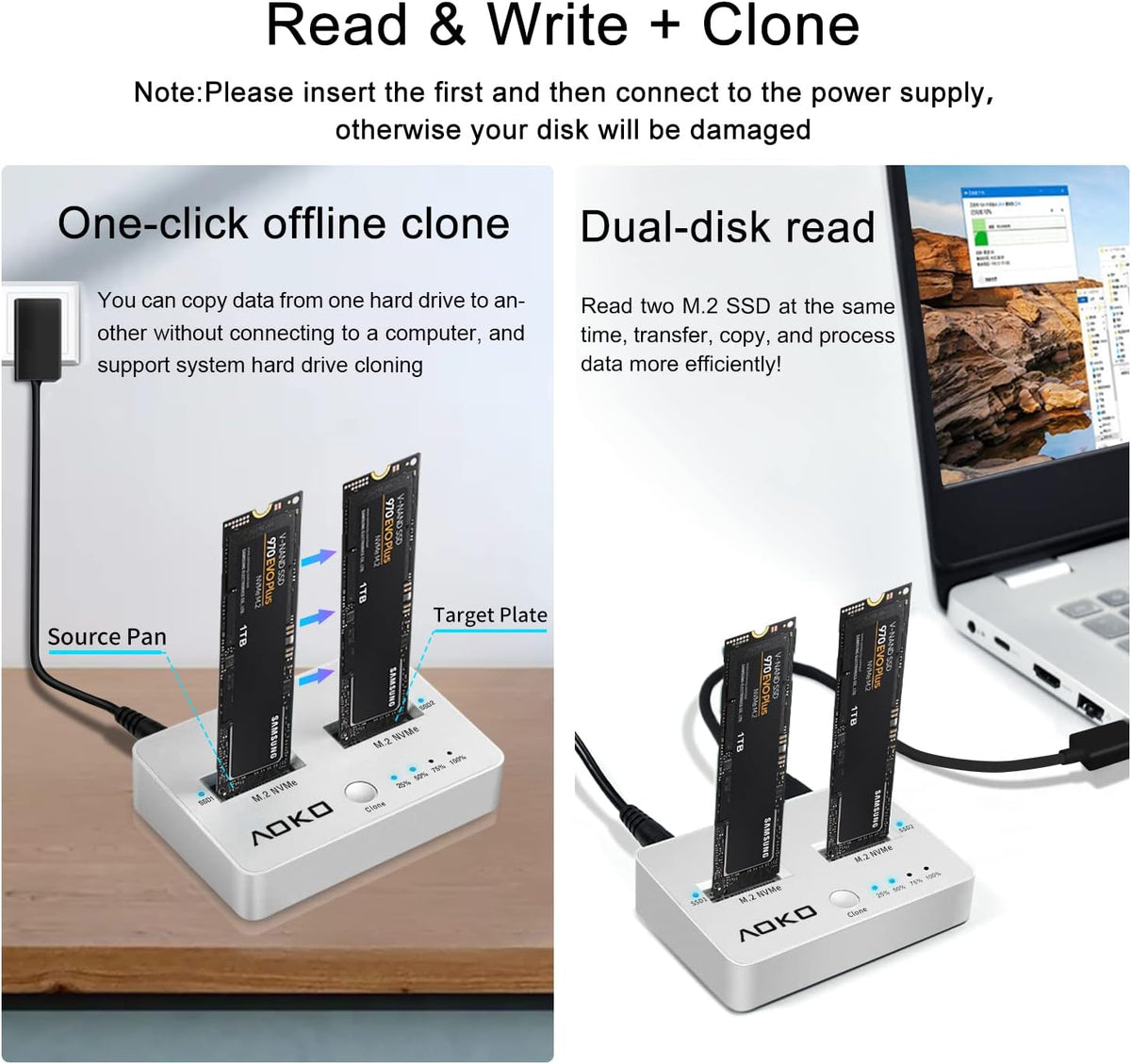 NVMe Dual-Bay Docking Station Clone Duplicator, USB C 3.2 Vertical External M.2 NVMe SSD Enclosure F6967