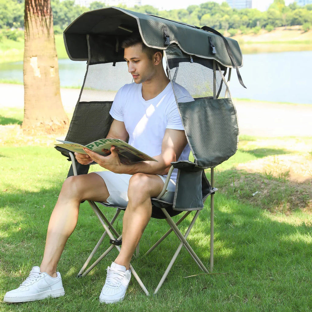 Army Green Folding Camping Chair with Shade Canopy A61733