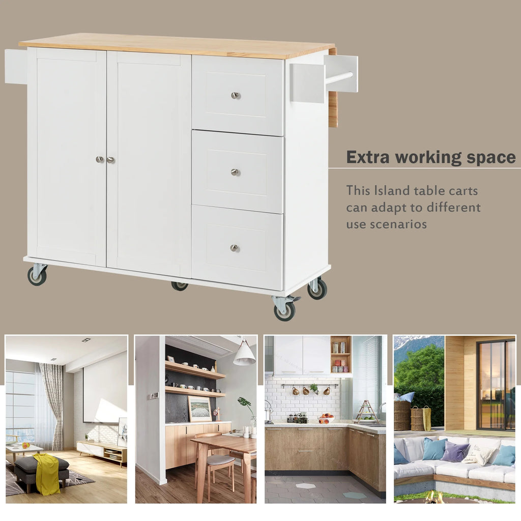 White Dining Island Cart with 2 Lockable Wheels and Drop-Leaf Tabletop X1260