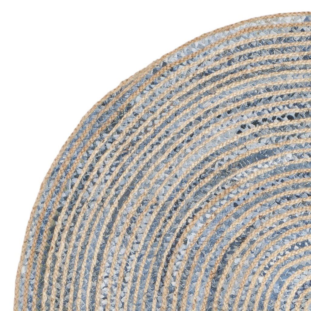 6' x 6' Round Natural Blue Braided Striped Jute Area Rug Q962091