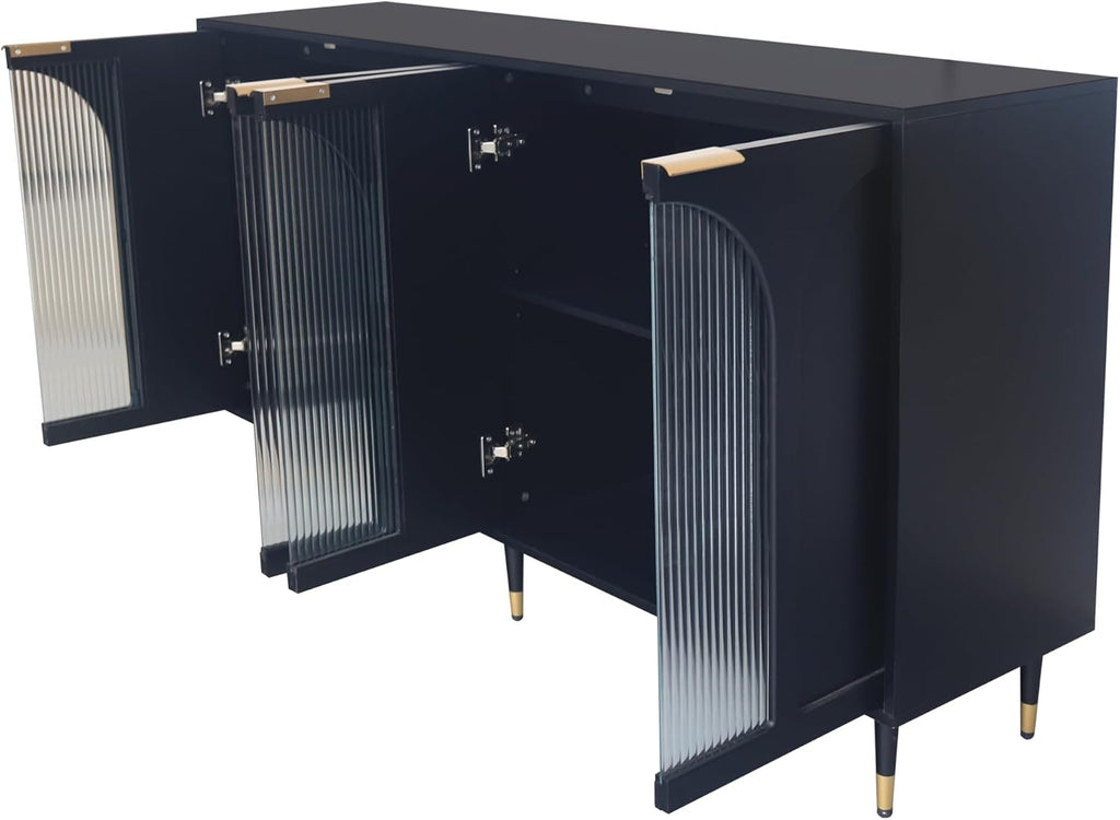 Black Lacquered Wood Buffet Cabinet with 4 Fluted Glass Doors and Metal Legs I621032