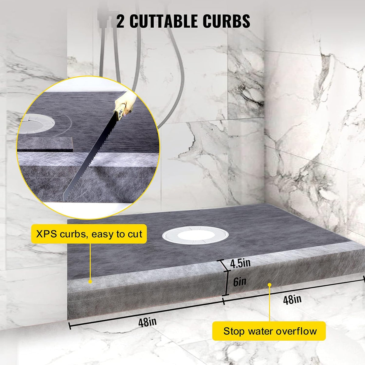 38" x 60" Watertight Shower Curb Overlay with 4" Stainless Steel Grate V573