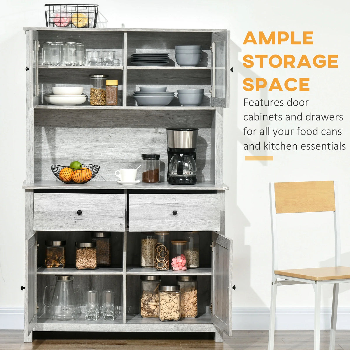 Ash Grey Kitchen Buffet with Hutch and Framed Glass Doors C5445