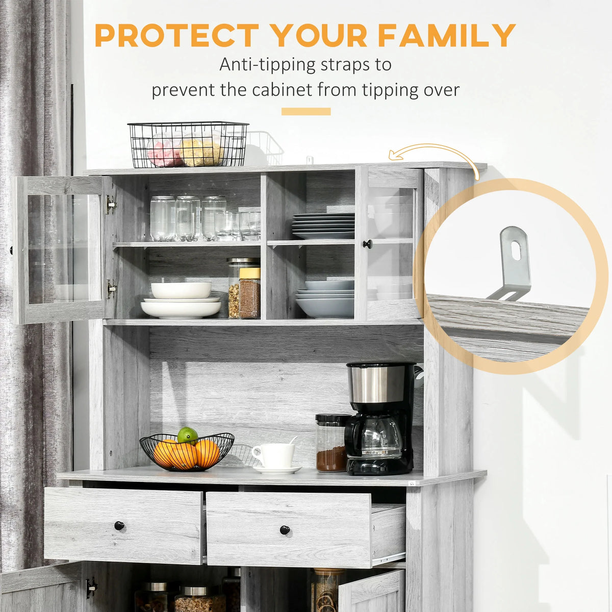 Ash Grey Kitchen Buffet with Hutch and Framed Glass Doors C5445