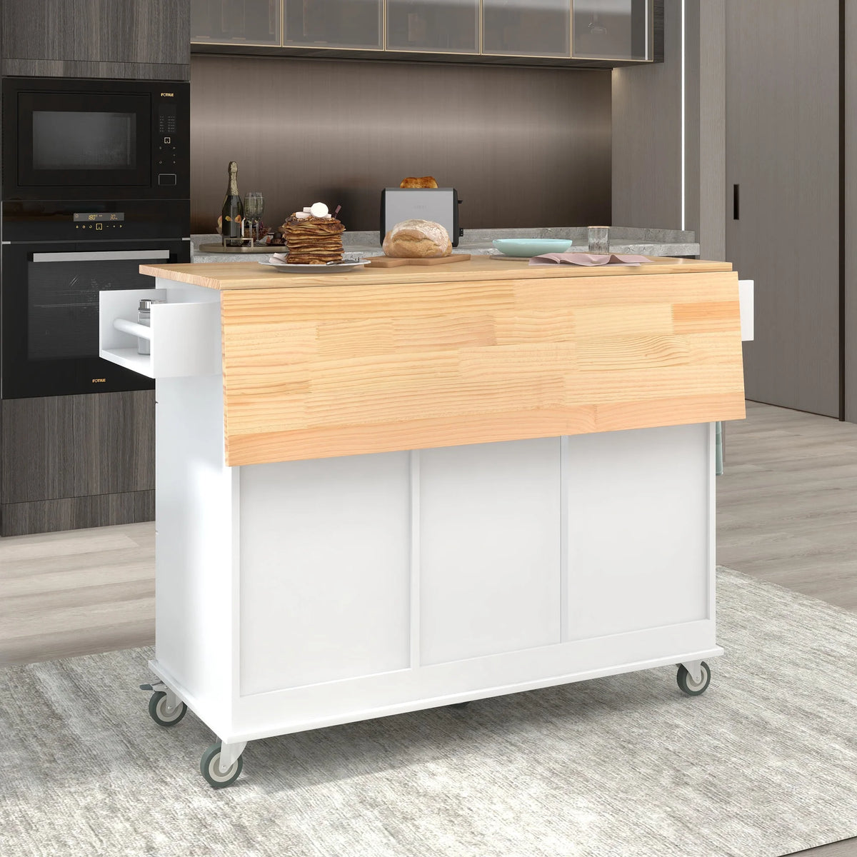 White Dining Island Cart with 2 Lockable Wheels and Drop-Leaf Tabletop X1260
