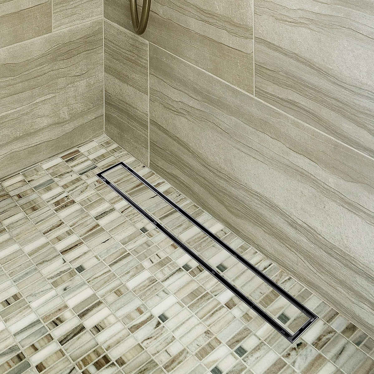 36-Inch Offset Linear Shower Drain with Tile Insert Grate Cover, Brushed 304 Stainless Steel Rectangle Side Outlet Shower Floor Drain Y83697