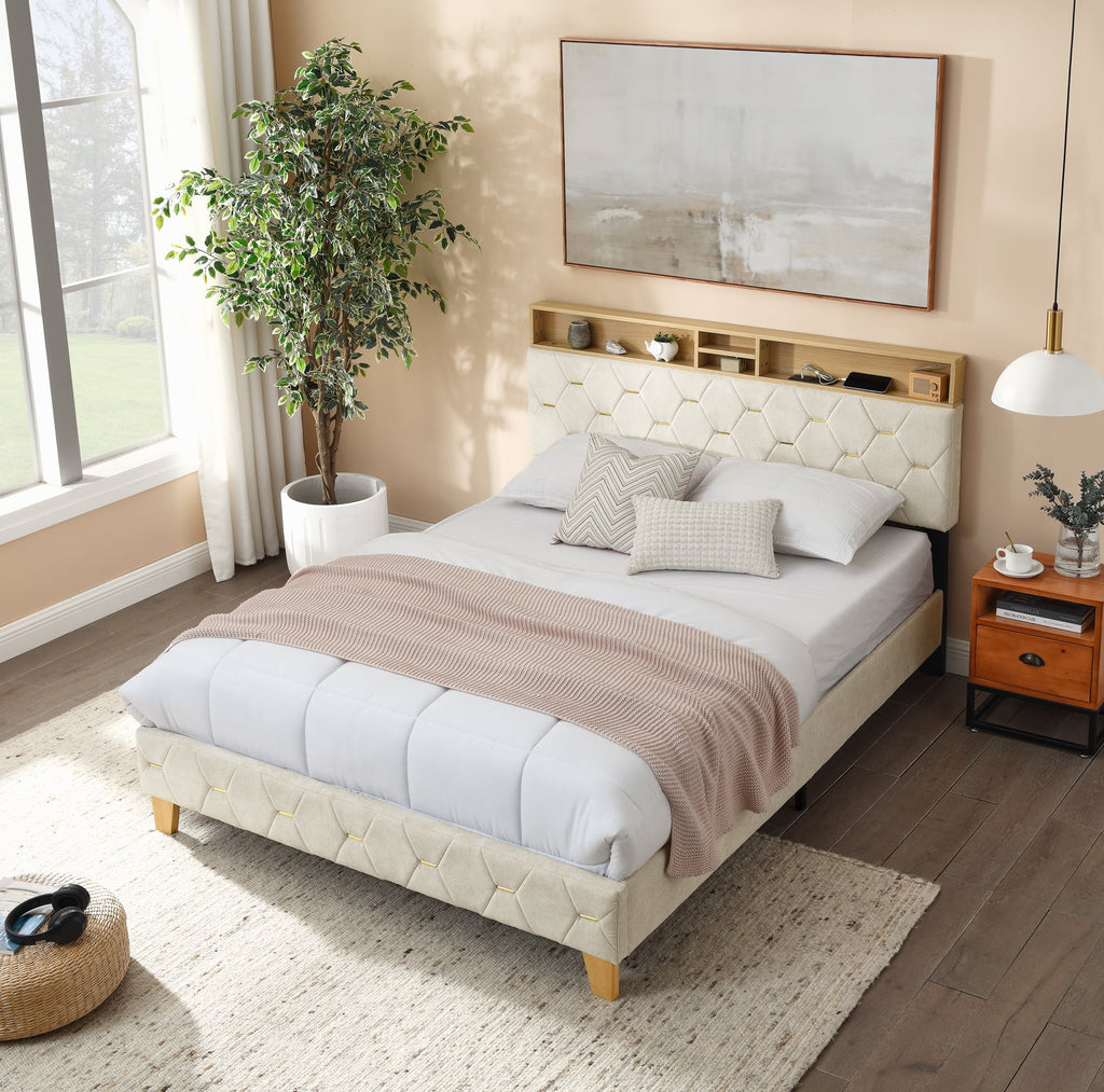 Upholstered Bed 160 x 200 cm with USB and Storage Headboard U648013