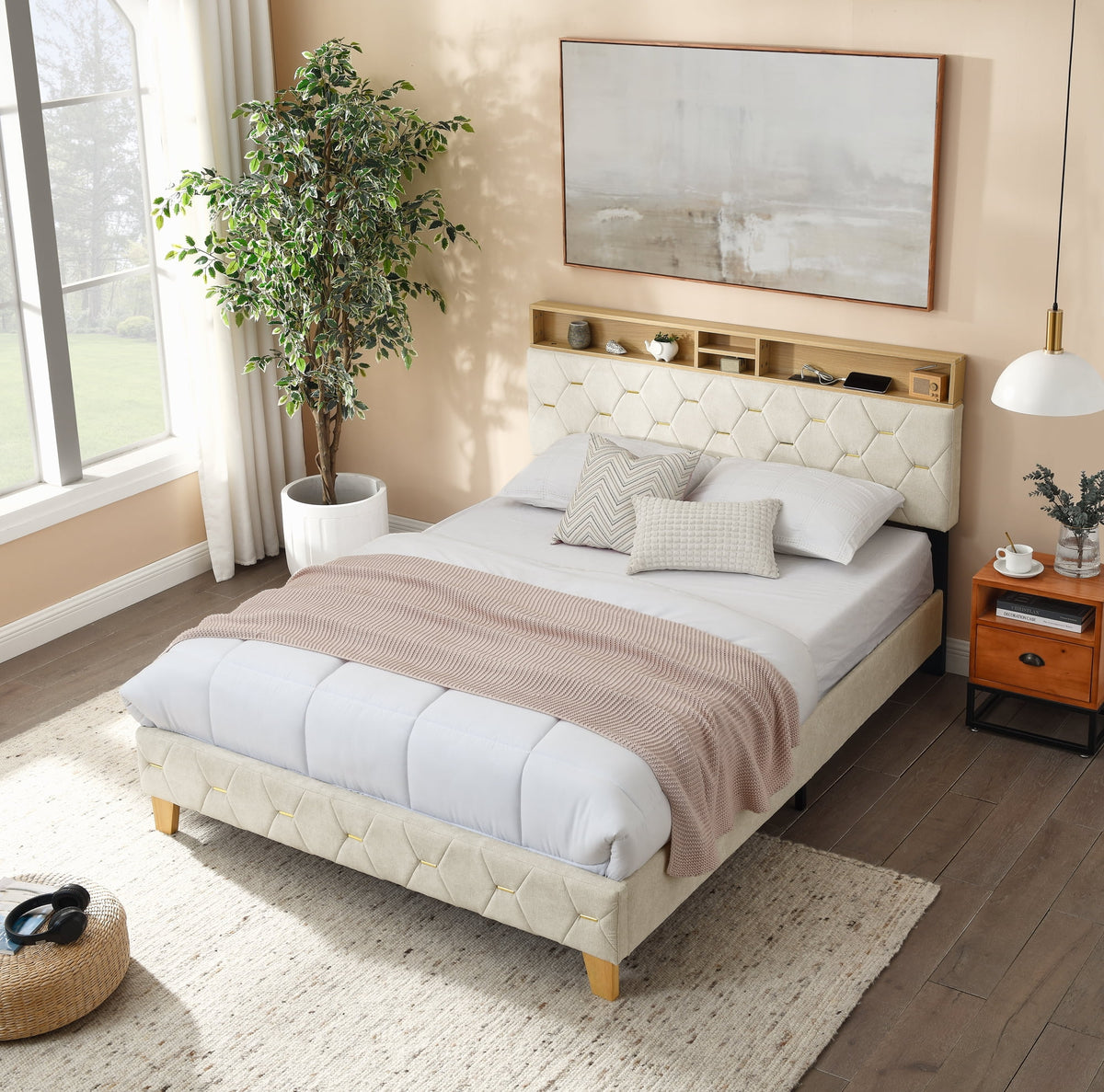 Upholstered Bed 160 x 200 cm with USB and Storage Headboard U648013