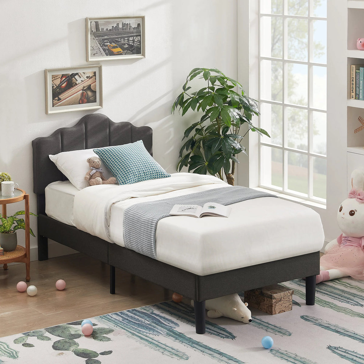 Twin Size Upholstered Platform Bed Frame Dark Grey J896918