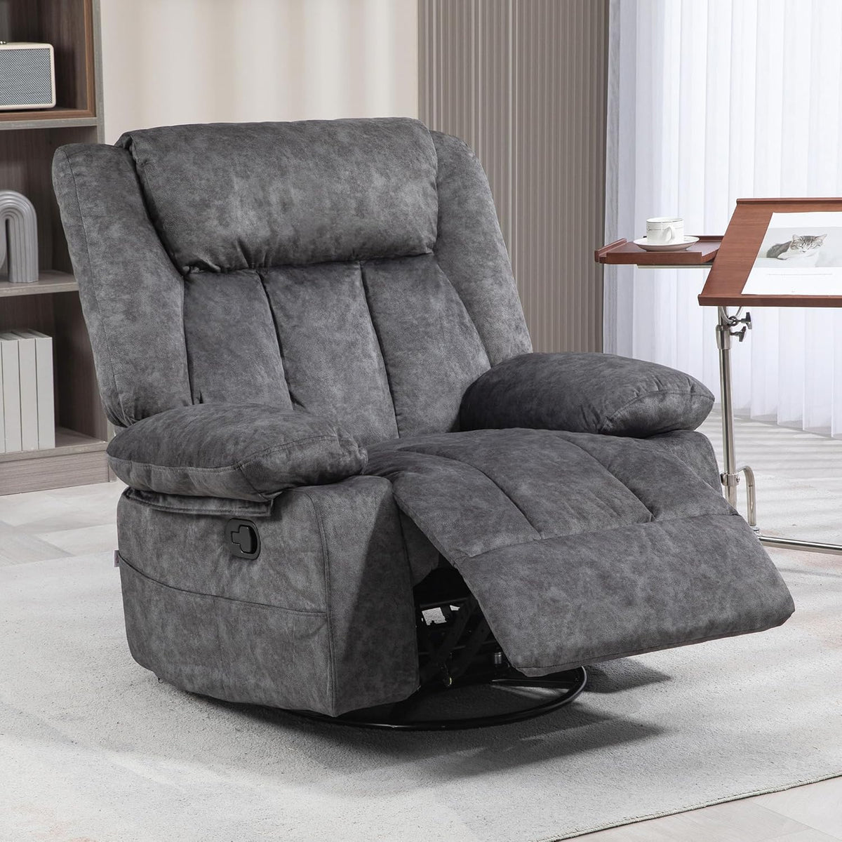 Gray Swivel Rocker Recliner Chair with Side Pockets and Metal Base H787