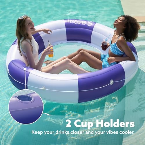 Inflatable Pool Lounger Float with Mesh, Double Lounger Round Ring with Cup Holder G498147