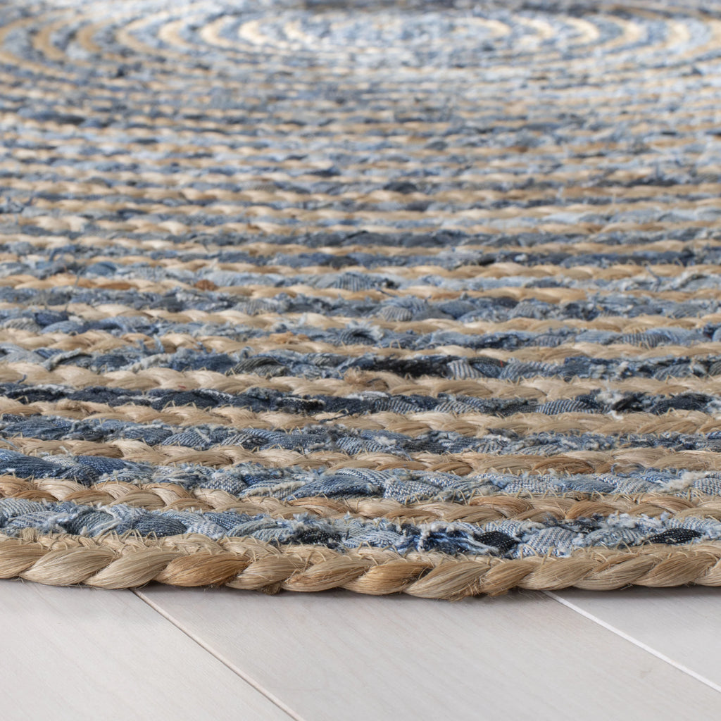 6' x 6' Round Natural Blue Braided Striped Jute Area Rug Q962091