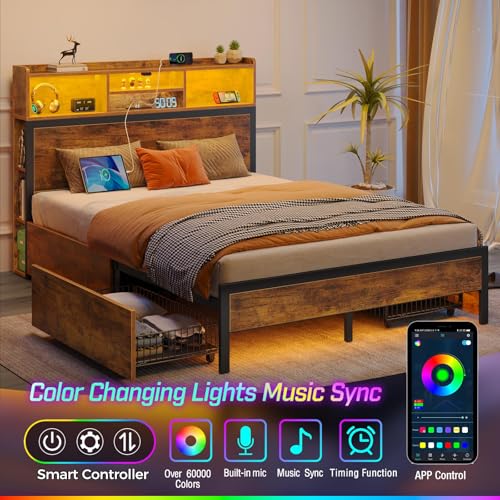 Queen Bed Frame with Storage, 4 Drawer, USB Charging Station, LED Lights, Bookcase Headboard, Black I628466