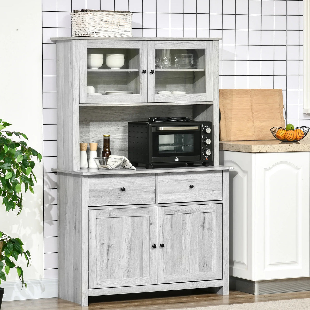 Ash Grey Kitchen Buffet with Hutch and Framed Glass Doors C5445