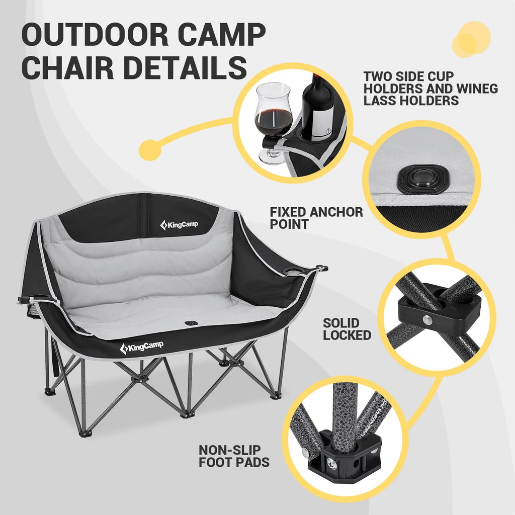 Kingcamp Loveseat Camping Chair for Adult Double Camping Chair Folding Chair for Two People Heavy Duty Support Up to 440 lbs（Black） B901166