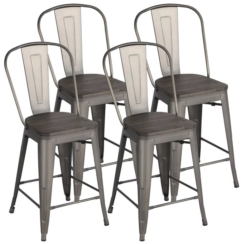 4pcs Industrial Metal Bar Stool with Solid Wood Seat E533872