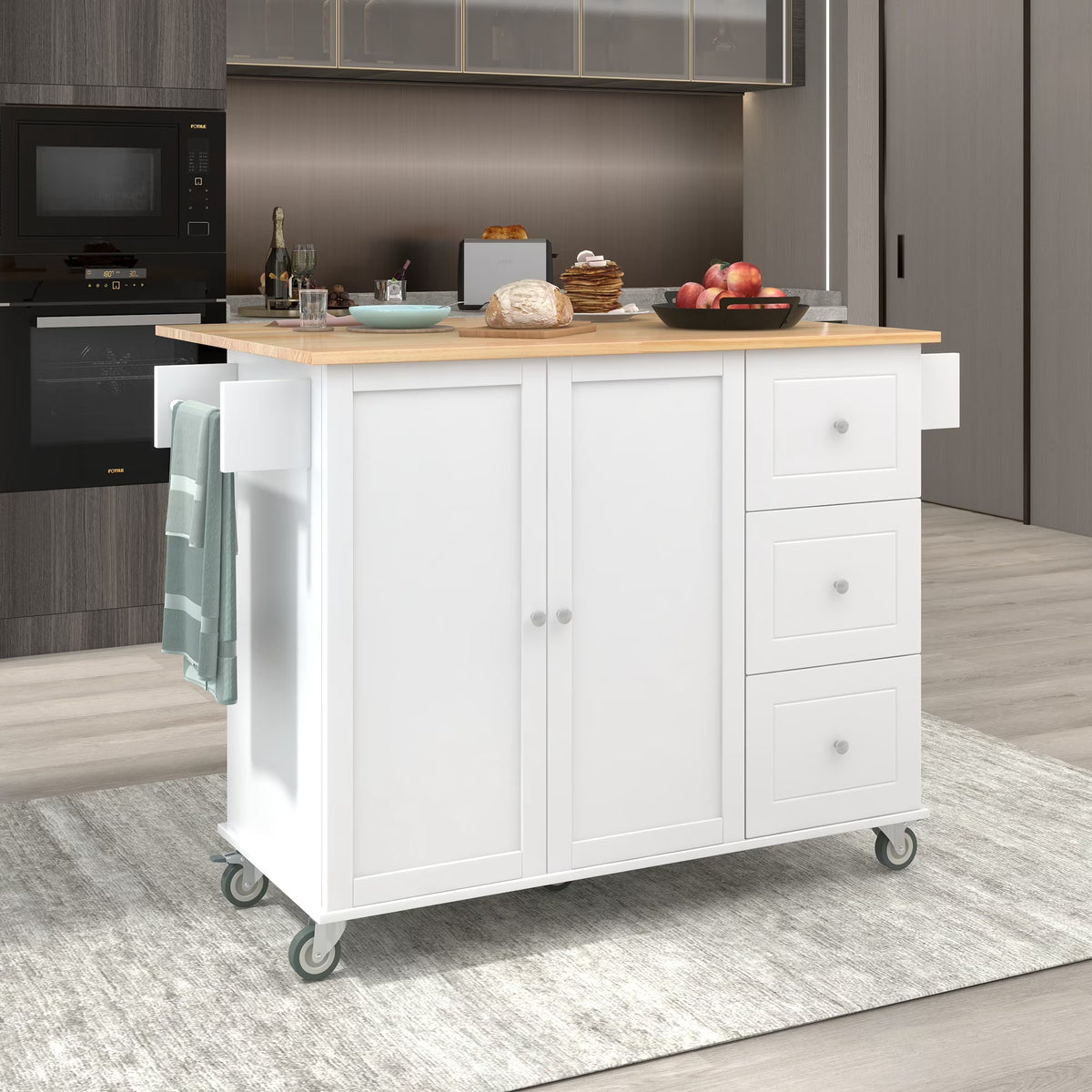 White Dining Island Cart with 2 Lockable Wheels and Drop-Leaf Tabletop X1260