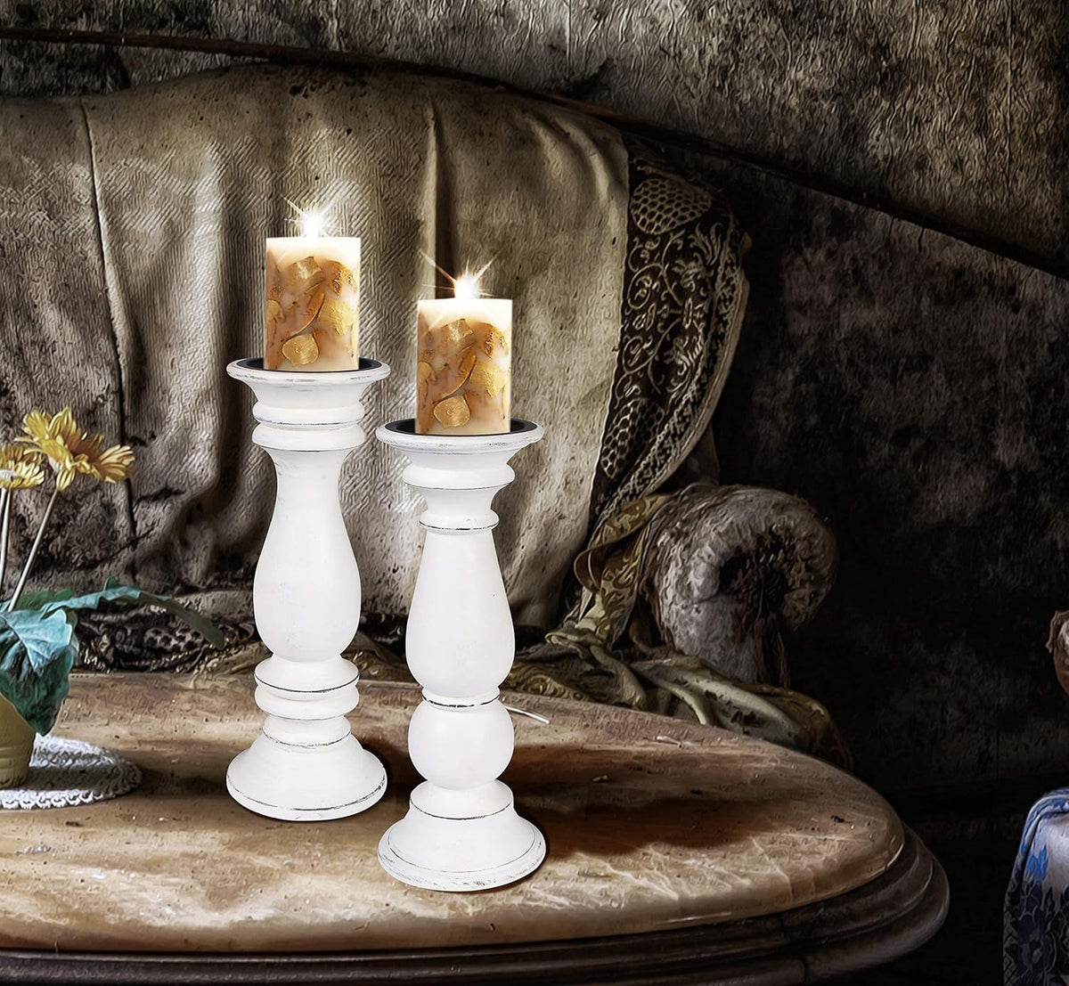 White Wooden Candle Holder Set of 2 M685