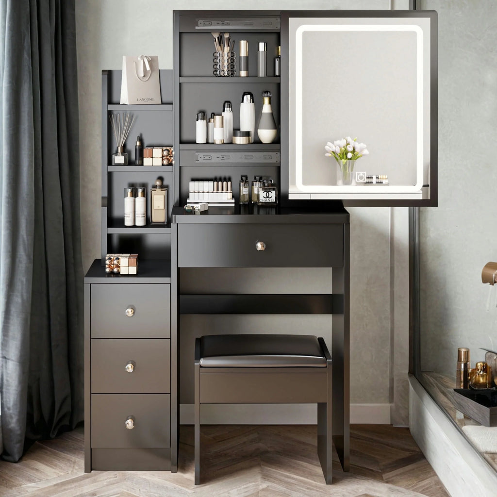 White Vanity Table with Lighted Mirror and Stool H96044