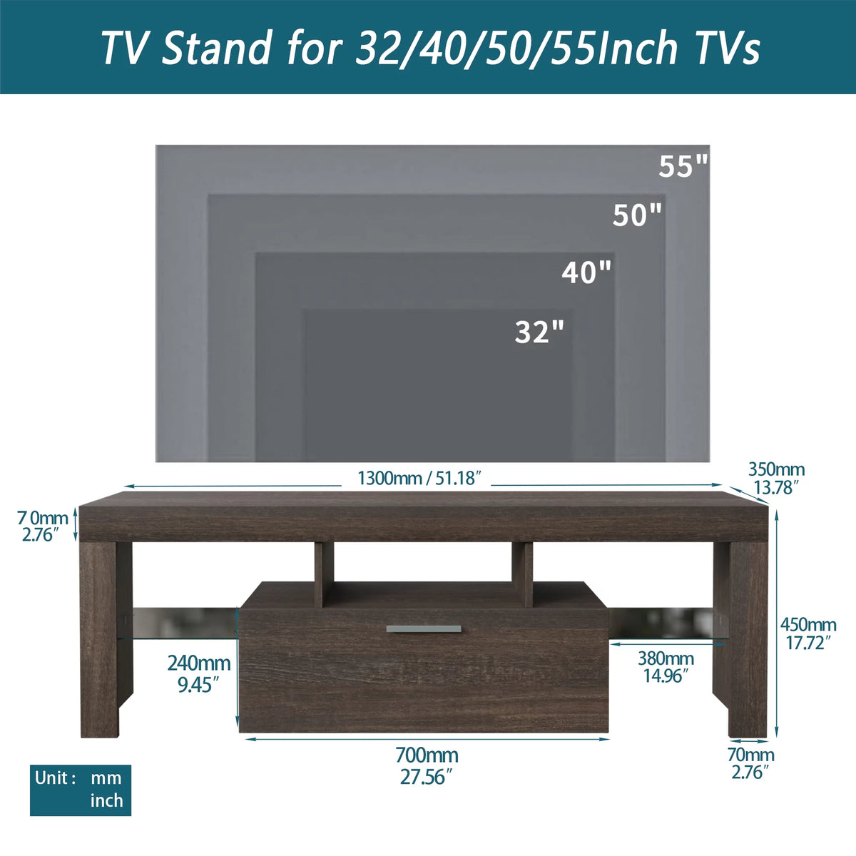 Brown TV Stand with LED Light and Storage Drawer C6693