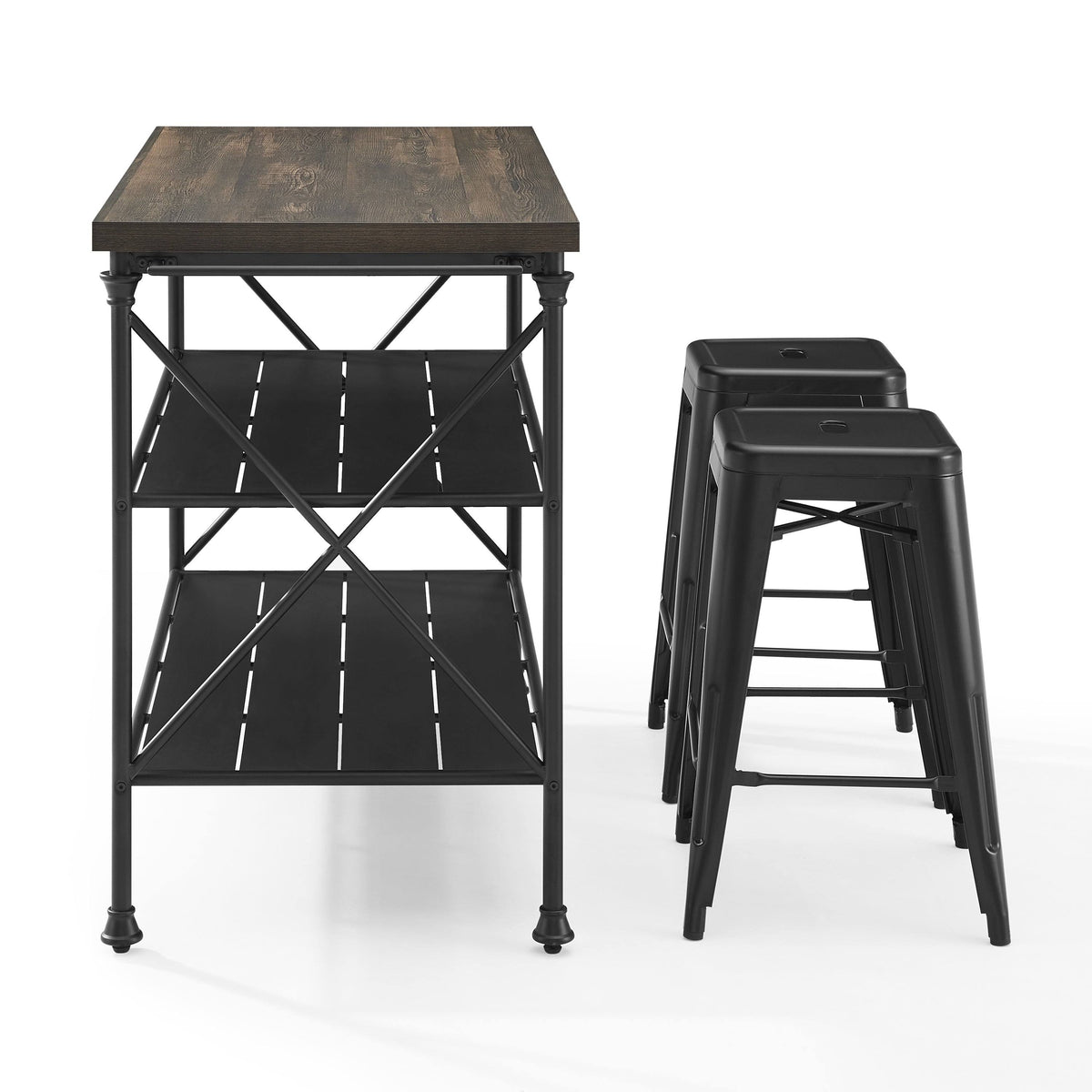 3 Piece Kitchen Island 2 Stools Set Brown Black A3981