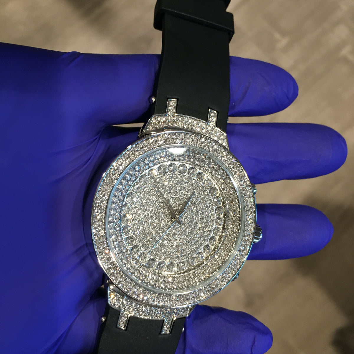 Silver Tone Hip Hop Watch with Black Band P14493