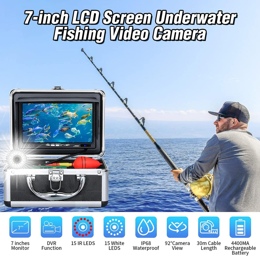 Portable Underwater Fishing Camera with 30 LEDs and 7inch 1080P IPS Monitor with DVR 16GB SD Card (30M) H574888