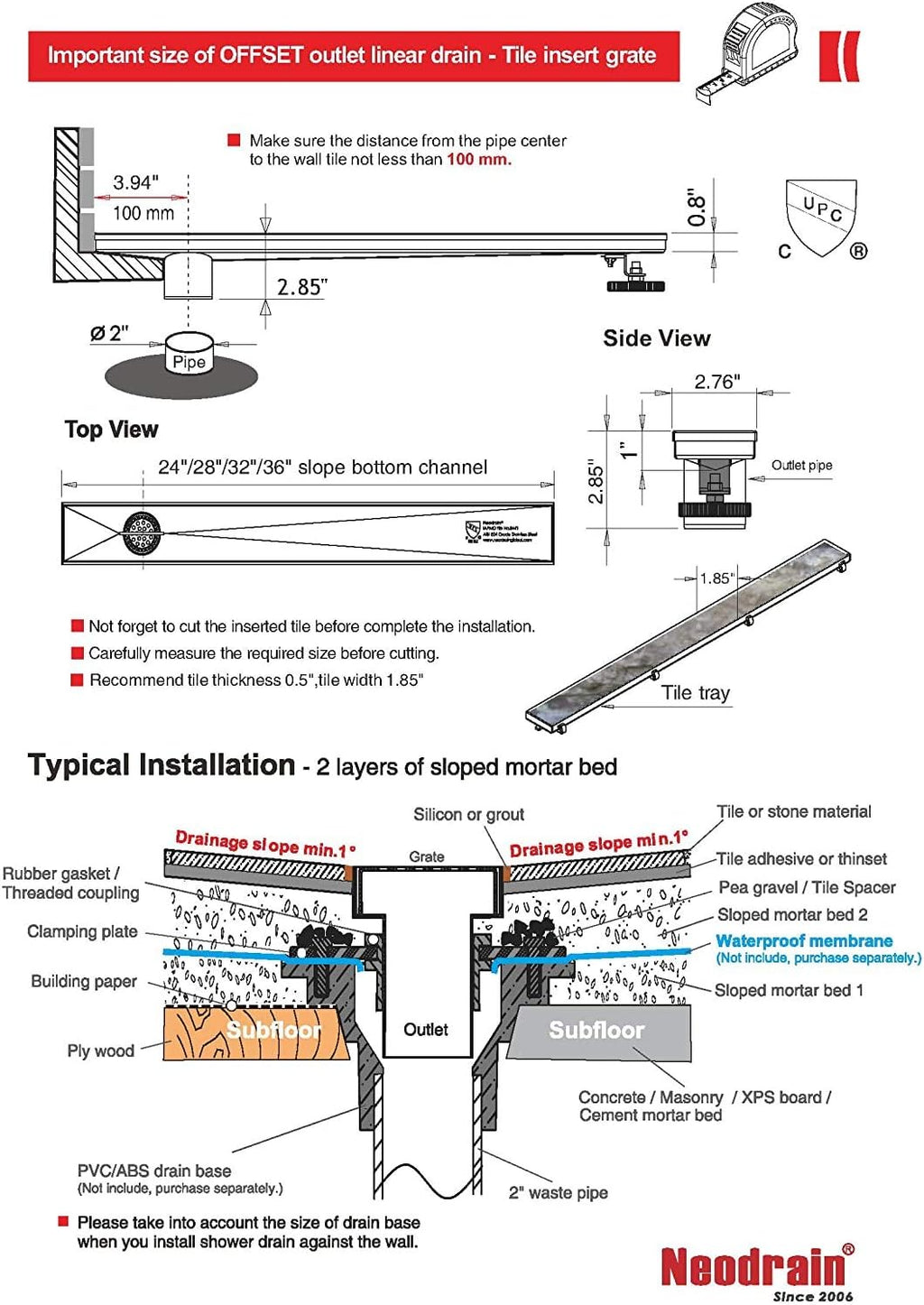 36-Inch Offset Linear Shower Drain with Tile Insert Grate Cover, Brushed 304 Stainless Steel Rectangle Side Outlet Shower Floor Drain Y83697