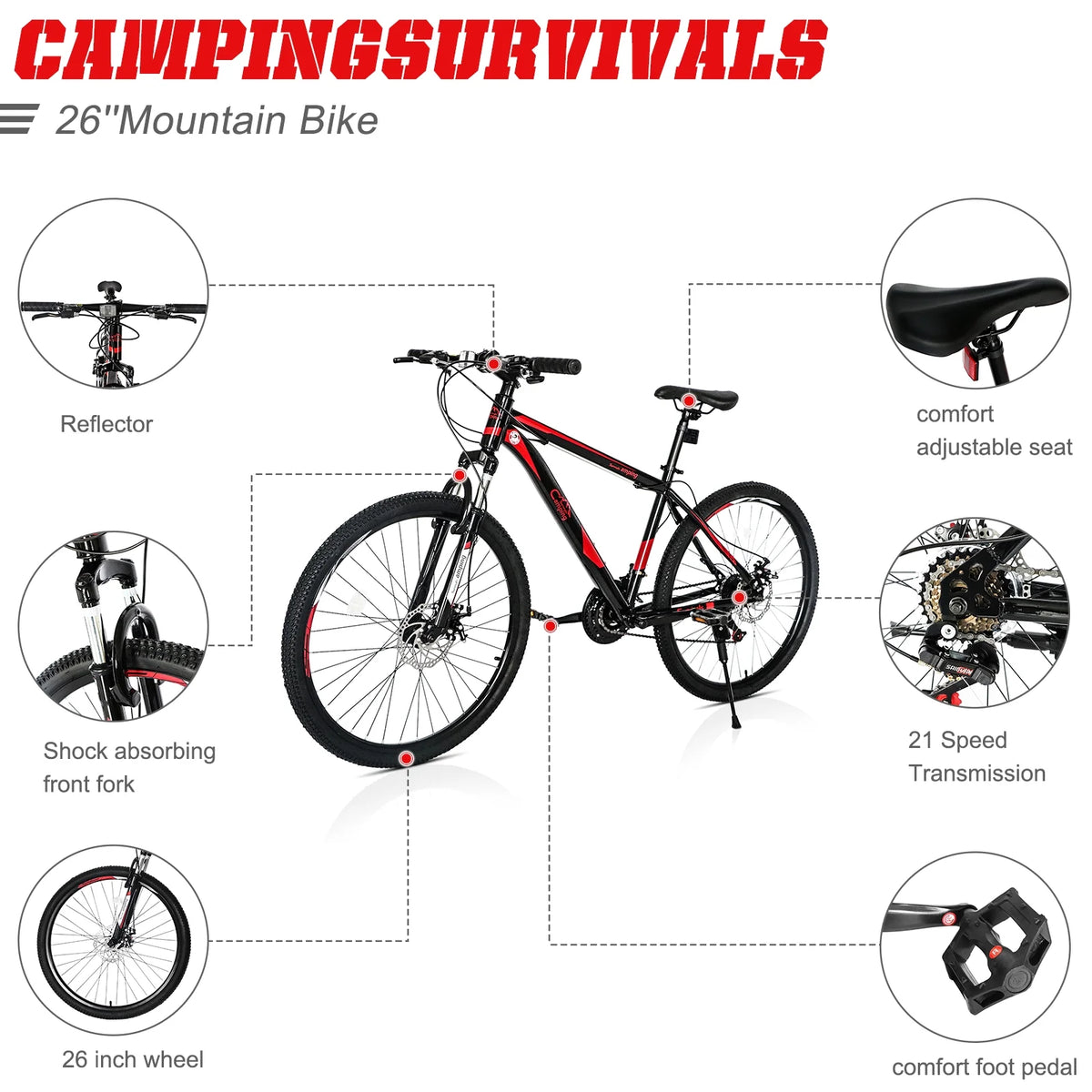 21 Speed 26" Wheel Steel Frame Mountain Bike, Black/Red D752448