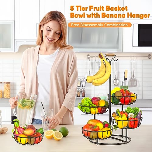 Black Metal Wire 5 Tier Fruit Basket with Banana Hanger X8729