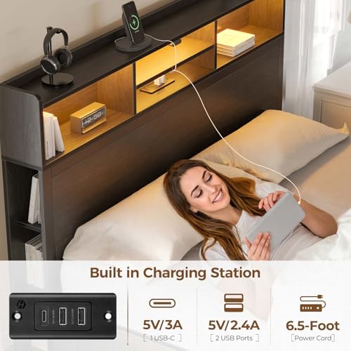 Queen Bed Frame with Storage, 4 Drawer, USB Charging Station, LED Lights, Bookcase Headboard, Black I628466